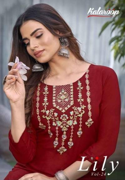 Lily Vol 24 By Kalaroop Fancy Rayon Embroidered Kurti Collection